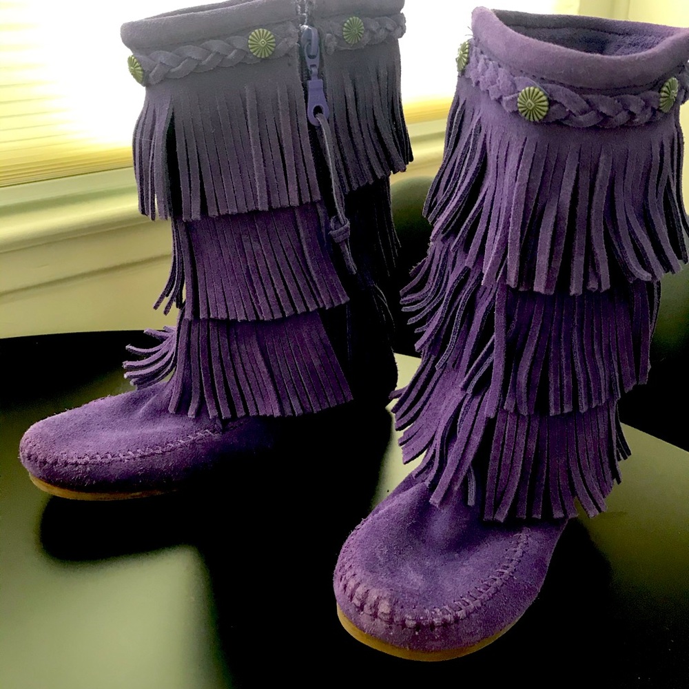 MINNETONKA Purple Leather Suede Fringe Boots Kids